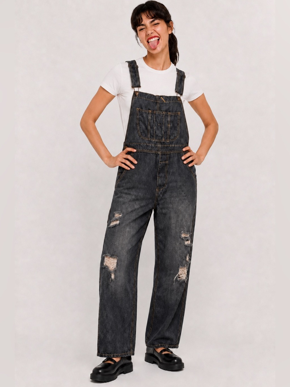 Monthorigin upscale denim jeans oversized overalls, medium wash.  Distressed, M